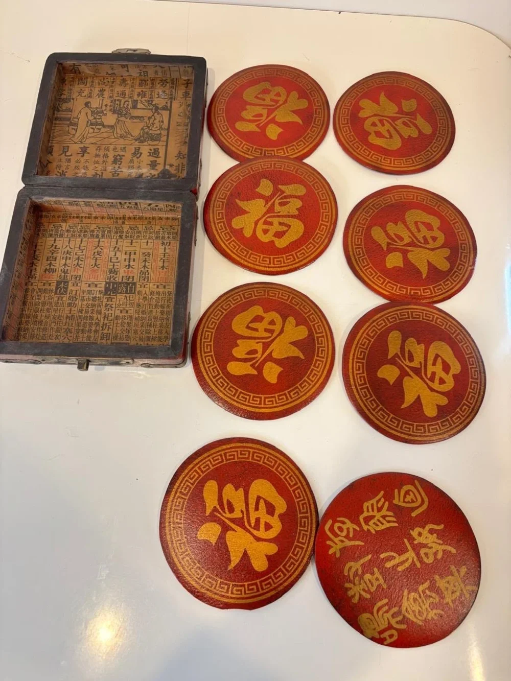 Vintage Chinese Red Lacquered Wood Coaster Set 8 Pcs Dragon Phoenix Case